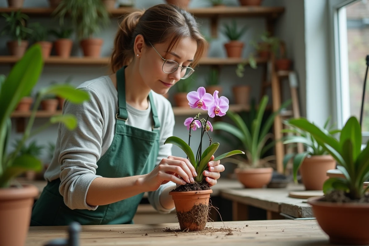 Femme rempotant une orchidée avec des racines abîmées sur un établi de jardinage en bois