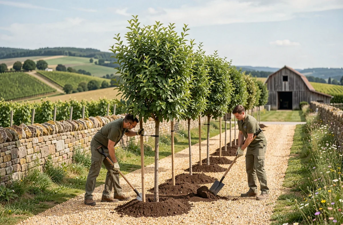 Équipe d'Espaces Verts Beaujolais plantant des charmes le long d'une allée gravillonnée dans la campagne beaujolaise