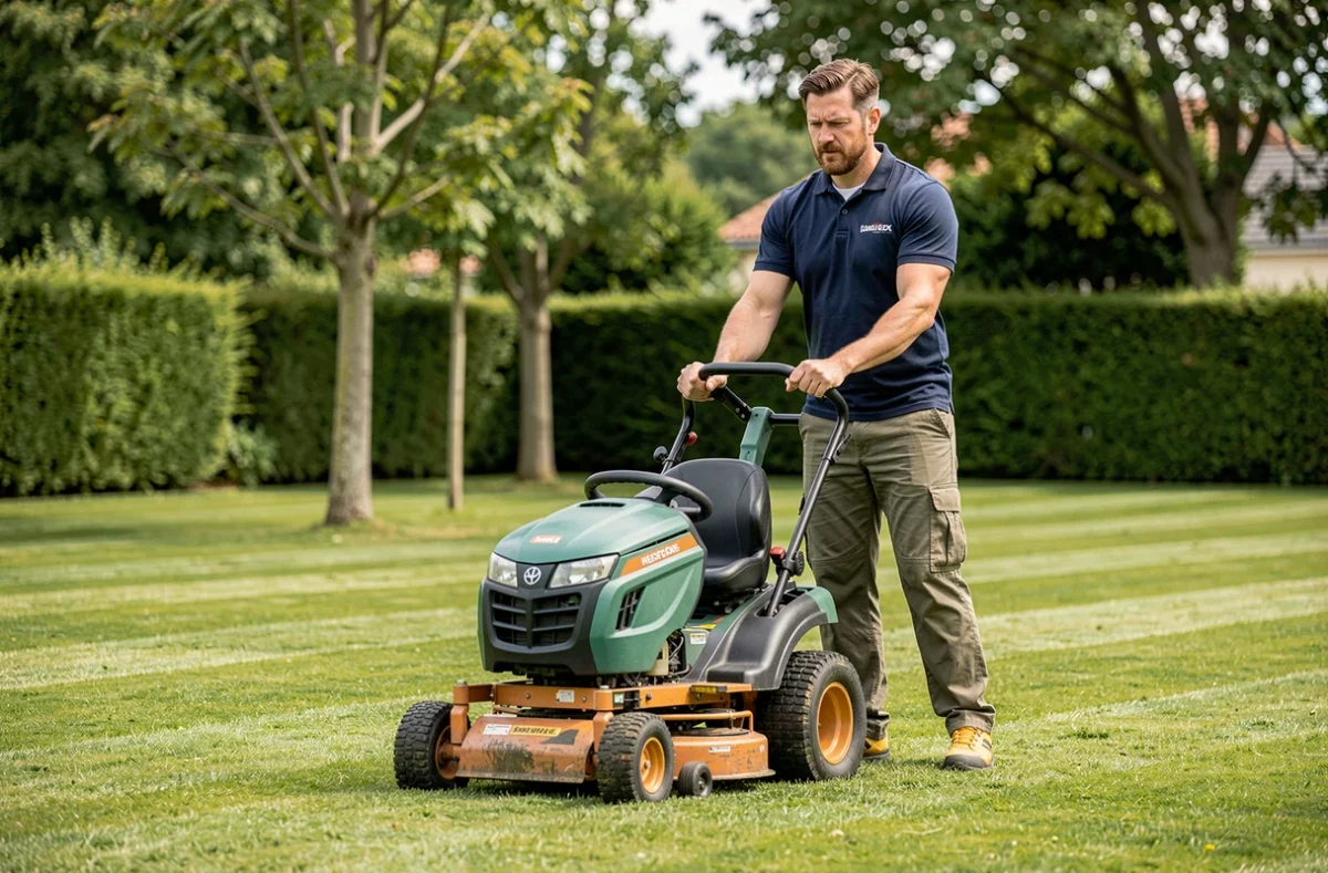 Professionnel de l'entretien des espaces verts d'Eurl Paysages Création tondant une pelouse rayée dans un jardin résidentiel en banlieue parisienne