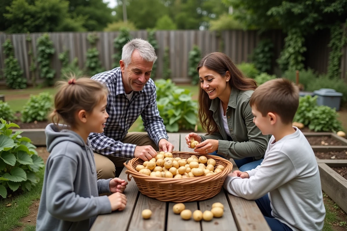 Famille réunie autour d'une récolte de pommes de terre dans le jardin potager familial