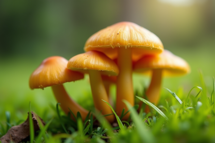 Champignons fausse chanterelle dans l'herbe verte en extérieur
