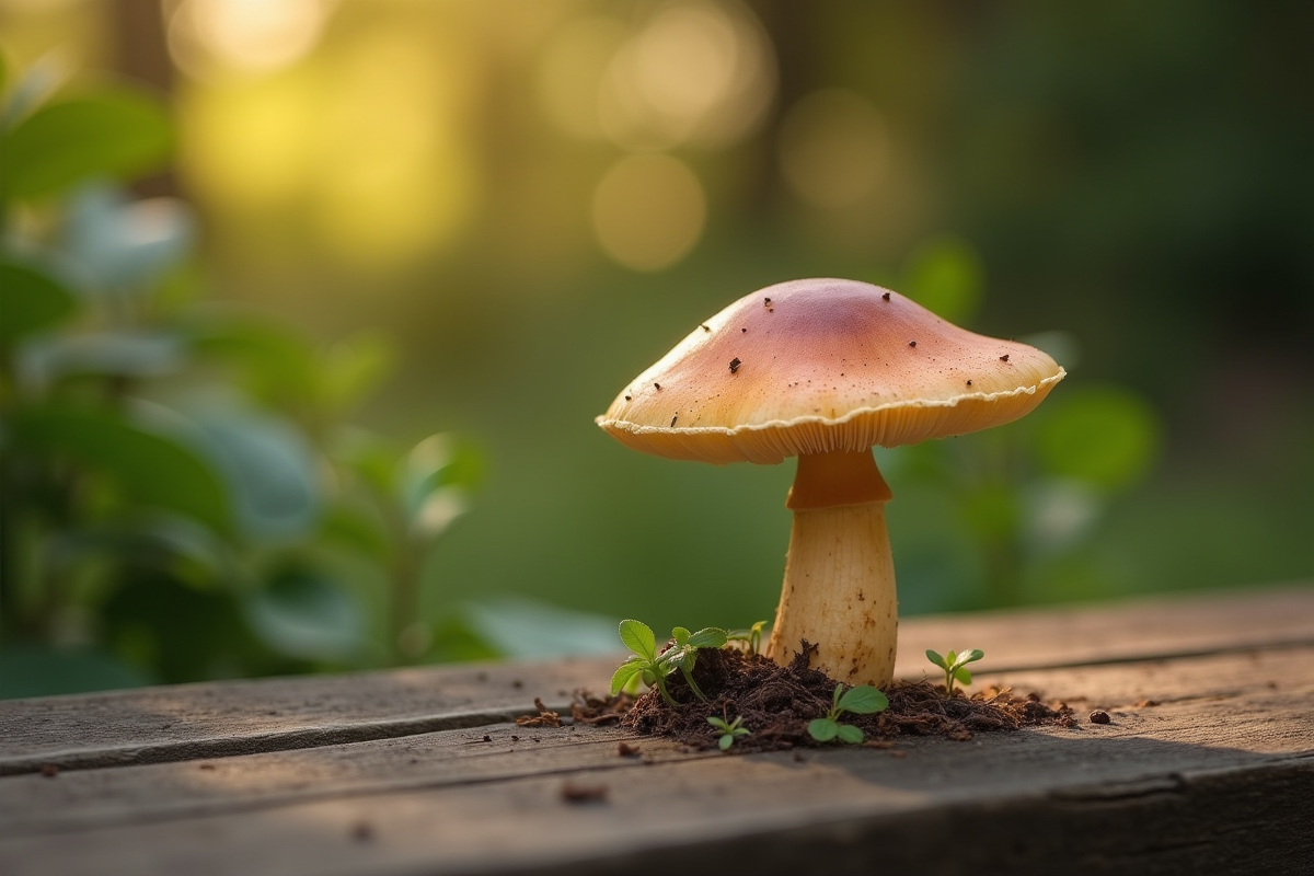 Champignon fausse chanterelle sur table en bois sous lumière douce