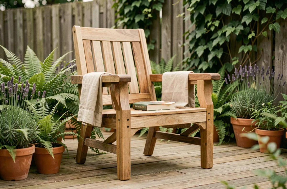 Fauteuil de jardin en bois assemblé posé sur une terrasse en bois entourée de plantes vertes et de lavande
