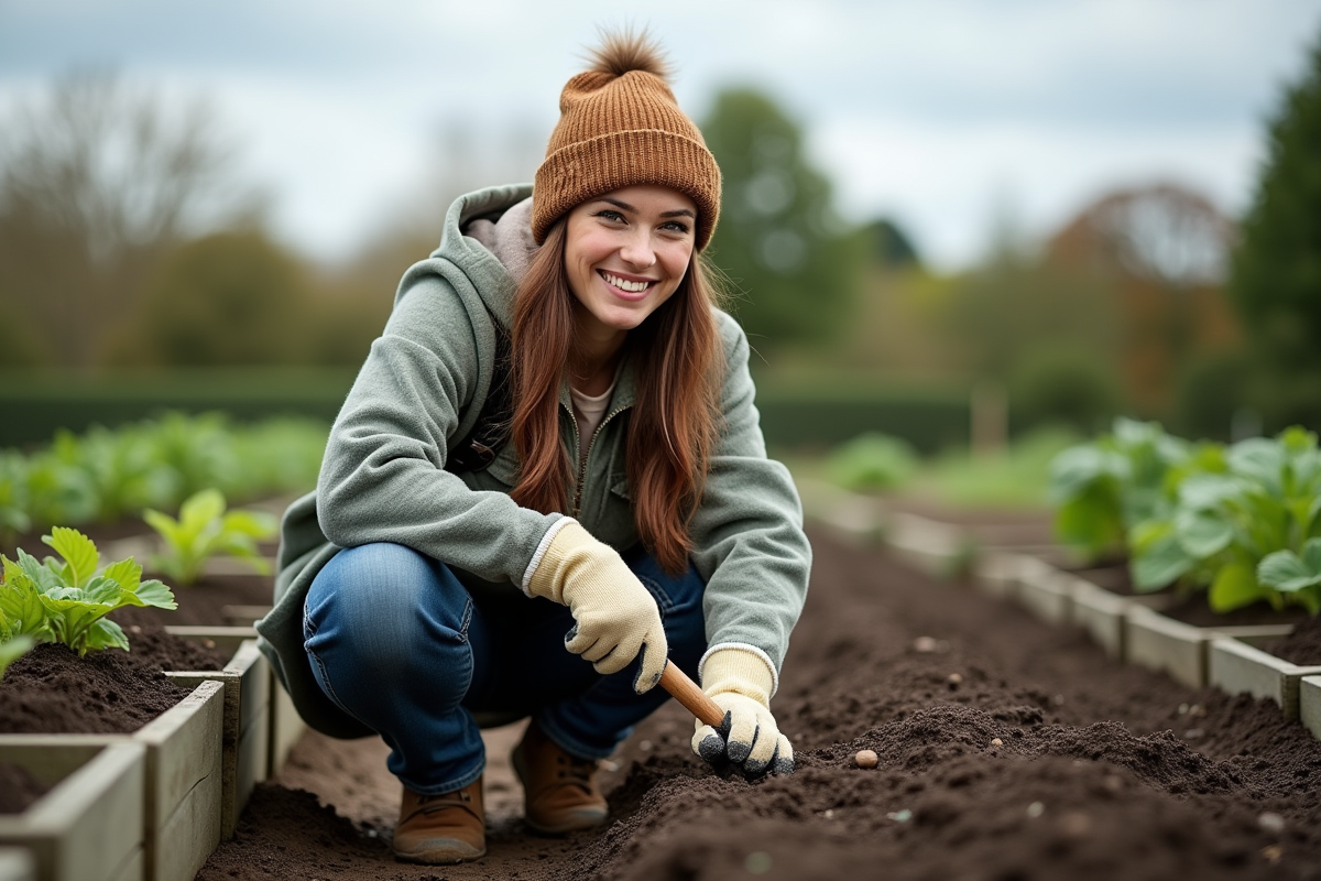 Femme en jardinage avec fourche dans un potager rural