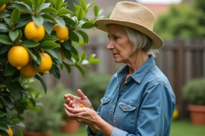 Femme en chemise en denim et chapeau de paille examinant des feuilles jaunies d'un citronnier