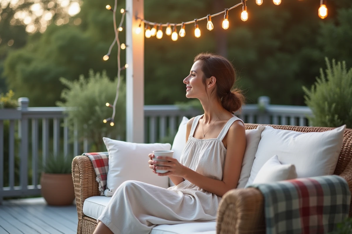 Femme assise sur un canapé en rotin sous une guirlande lumineuse solaire sur un balcon décoré de style scandinave avec plantes et accessoires cosy