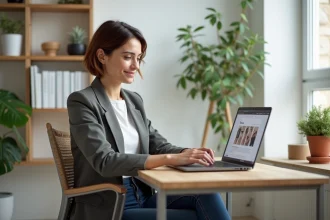 Femme au bureau regardant un site e-commerce français