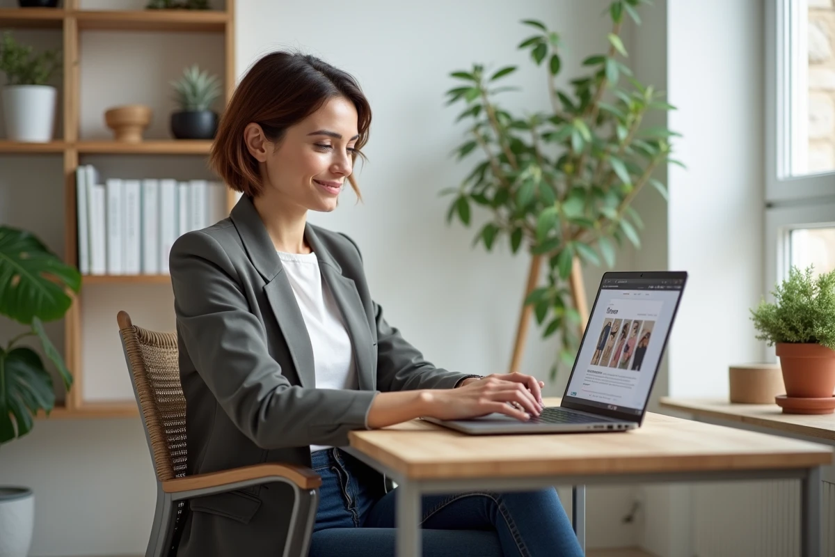 Femme au bureau regardant un site e-commerce français