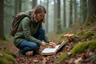Femme examine des champignons dans la forêt