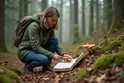 Femme examine des champignons dans la forêt