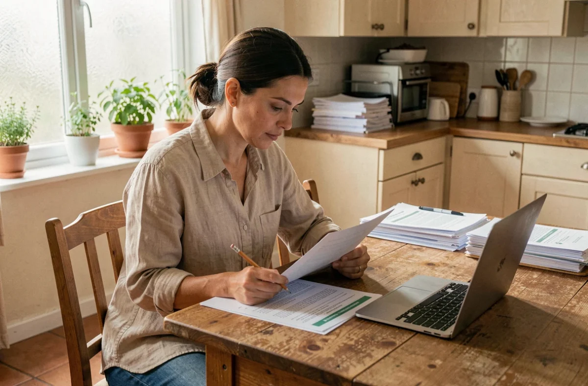 Femme consultant la réglementation municipale sur l'abattage d'arbres avec des documents administratifs sur une table en bois
