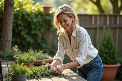 Femme cueillant des lauriers dans son jardin ensoleille