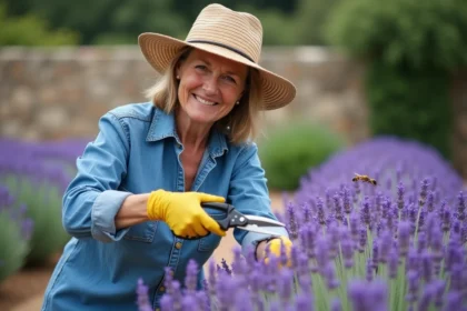 Femme en chapeau de paille cueillant la lavande en Provence
