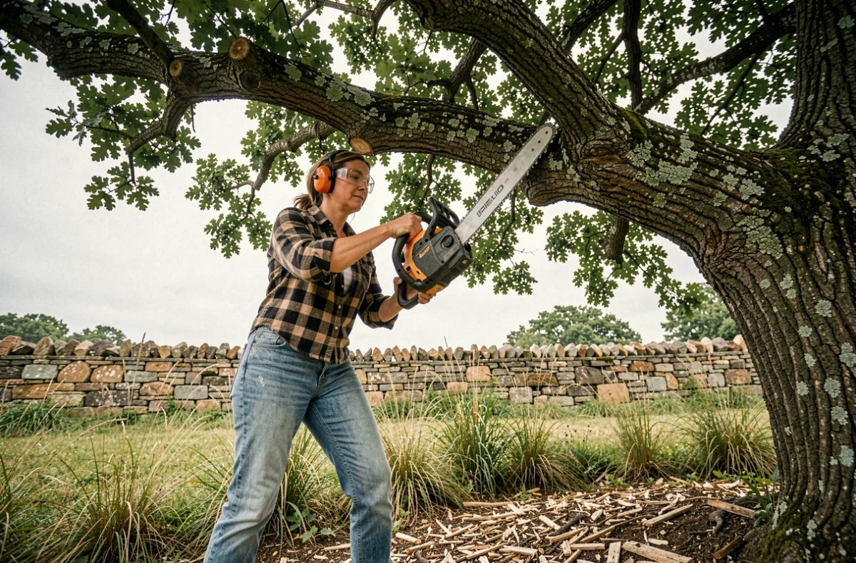 Femme élagant une grosse branche de chêne avec une tronçonneuse élagueuse Black et Decker sans fil en milieu rural