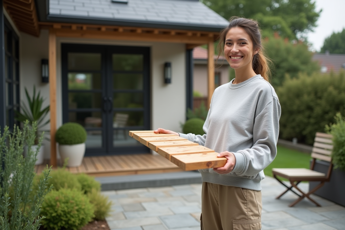 Femme souriante montre support barbecue en bois fini