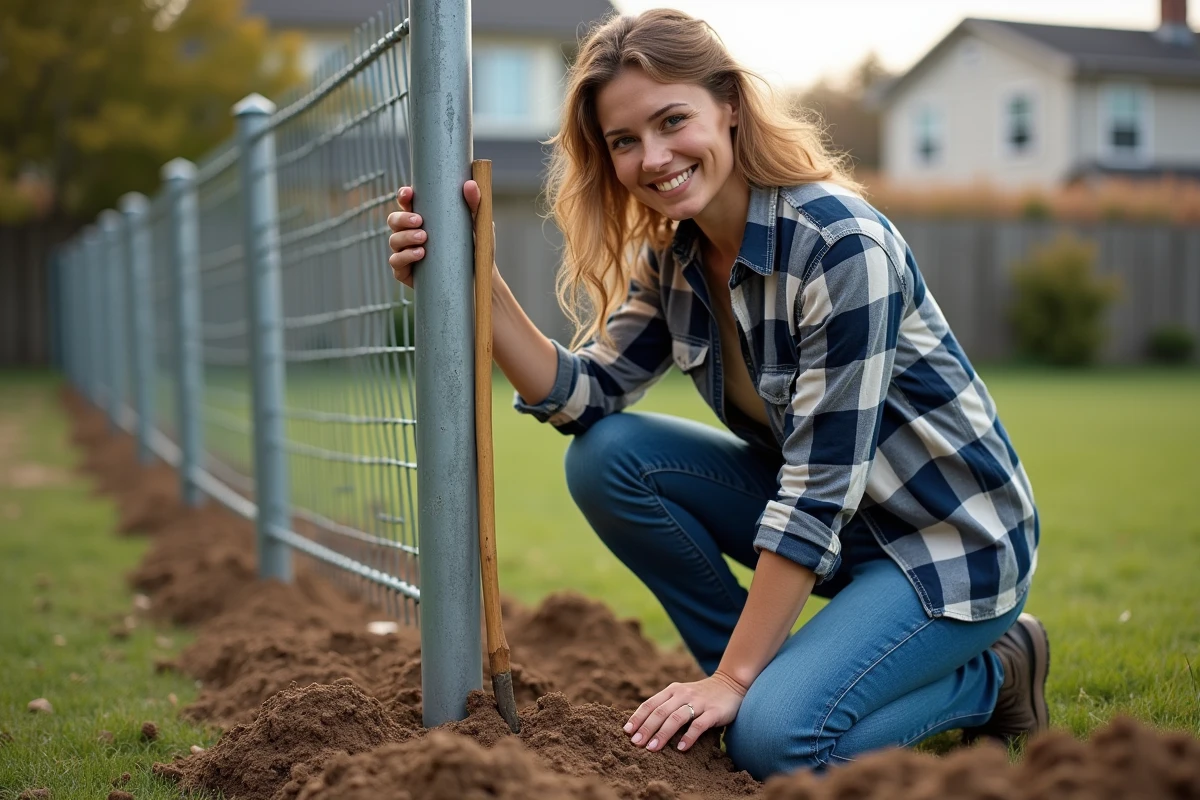 Femme en jeans fixant une clôture dans le jardin