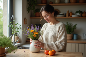 Femme arrangeant des fleurs protectrices dans un vase en cuisine