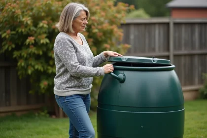 Femme inspectant un bac à eau dans le jardin