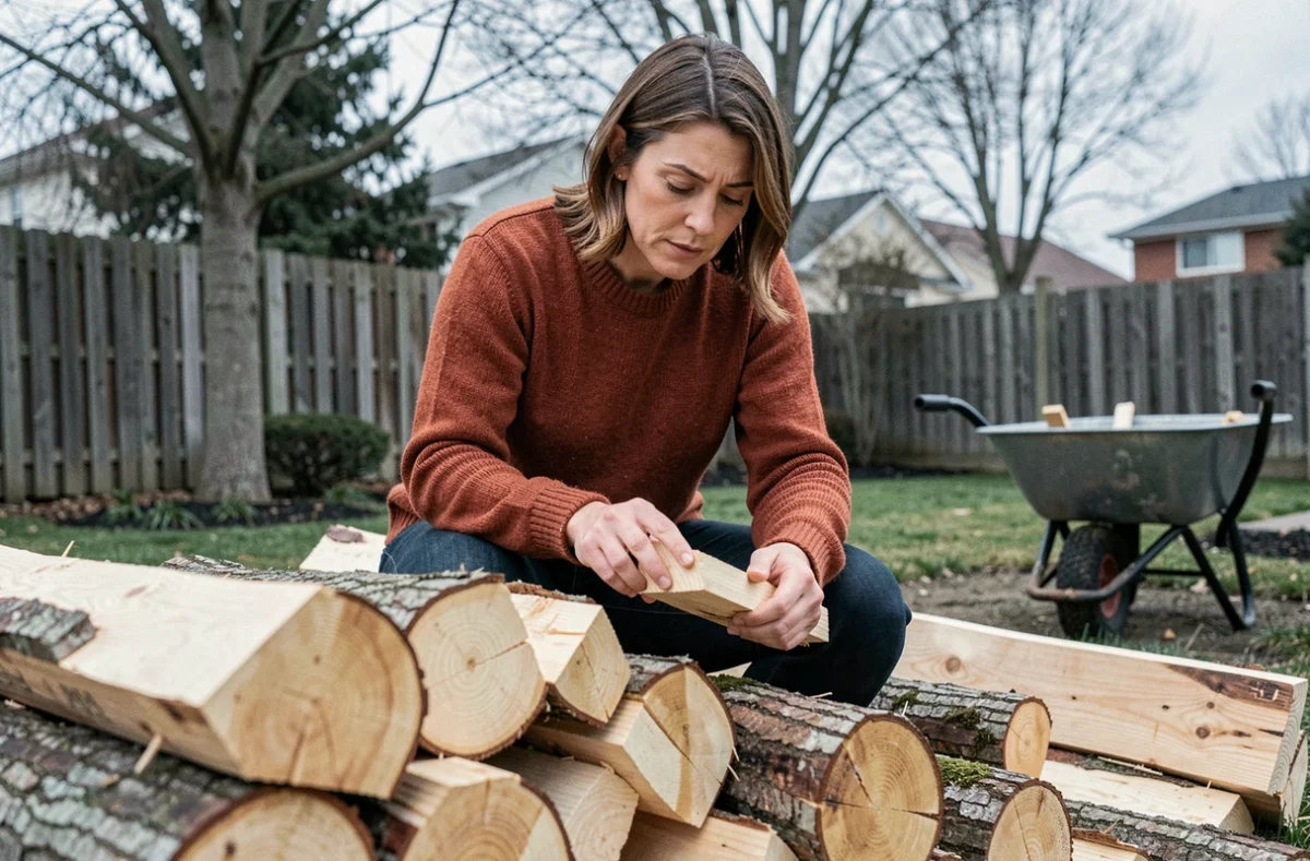 Femme examinant des bûches de bois dur livrées dans un jardin résidentiel pour vérifier leur qualité