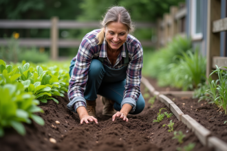 Femme en pantalon de travail étalant du compost dans un jardin
