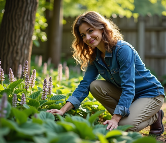 Fleurs : quelles variétés s’épanouissent à l’ombre ? Femme dans son jardin touchant des hostas verts