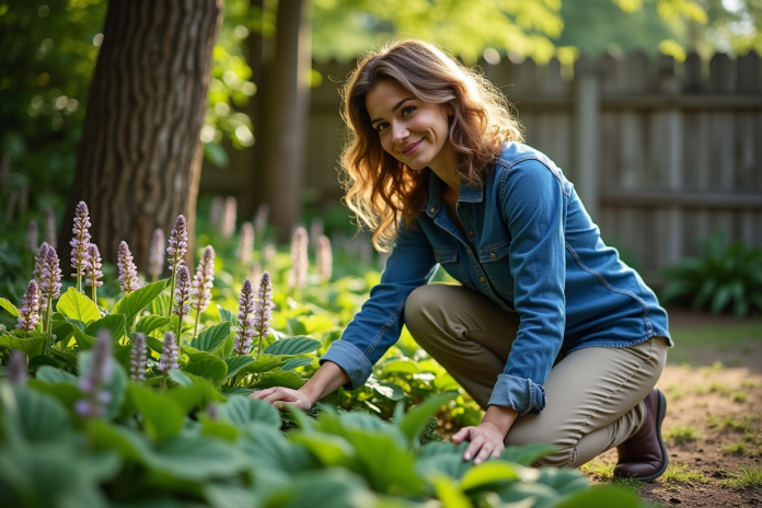 Femme dans son jardin touchant des hostas verts