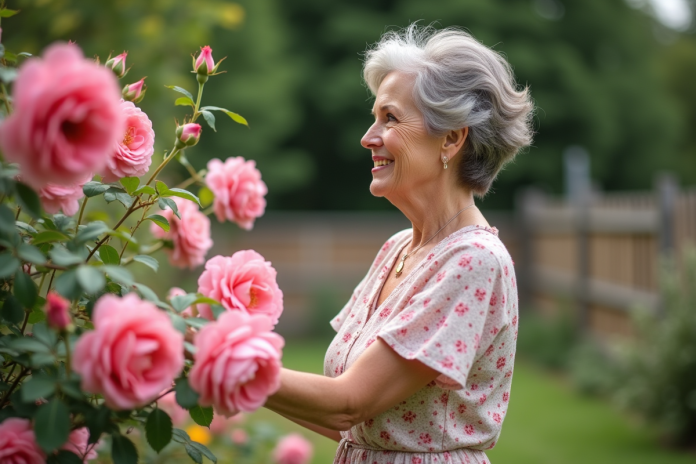 femme-jardin-roses Femme d'âge moyen inspectant des roses en jardin