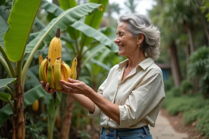 Femme examinant une banane en fleurs dans son jardin