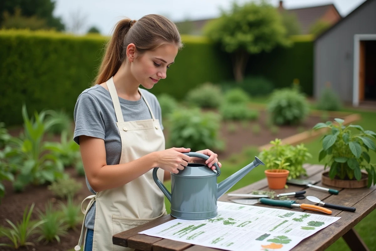 Jeune femme ajoutant herbicide dans un arrosoir dans le jardin