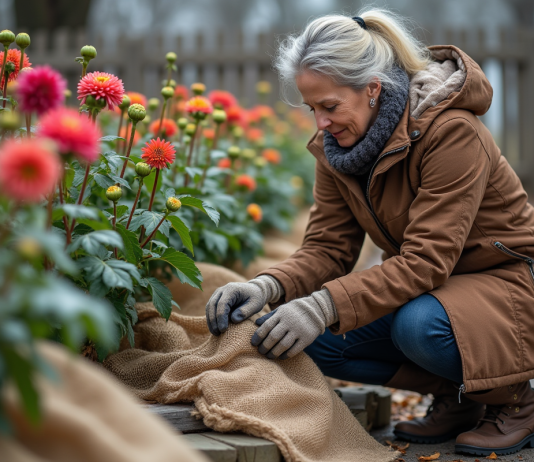 Dahlia : Comment protéger les dahlias du gel en hiver ? Femme en hiver couvre un lit de dahlias avec du jute