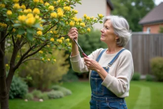 Femme en jardinage prune un mimosa avec des ciseaux