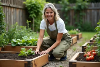 Femme agenouillée en train de planter des légumes dans un potager en carrés en bois avec des rangées de laitue, tomates et basilic