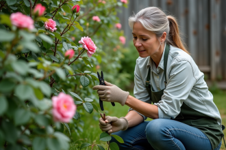 Femme en jardinage prune des roses avec secateurs