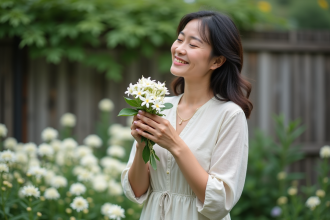 Femme en robe légère cueillant des jasmins en jardin