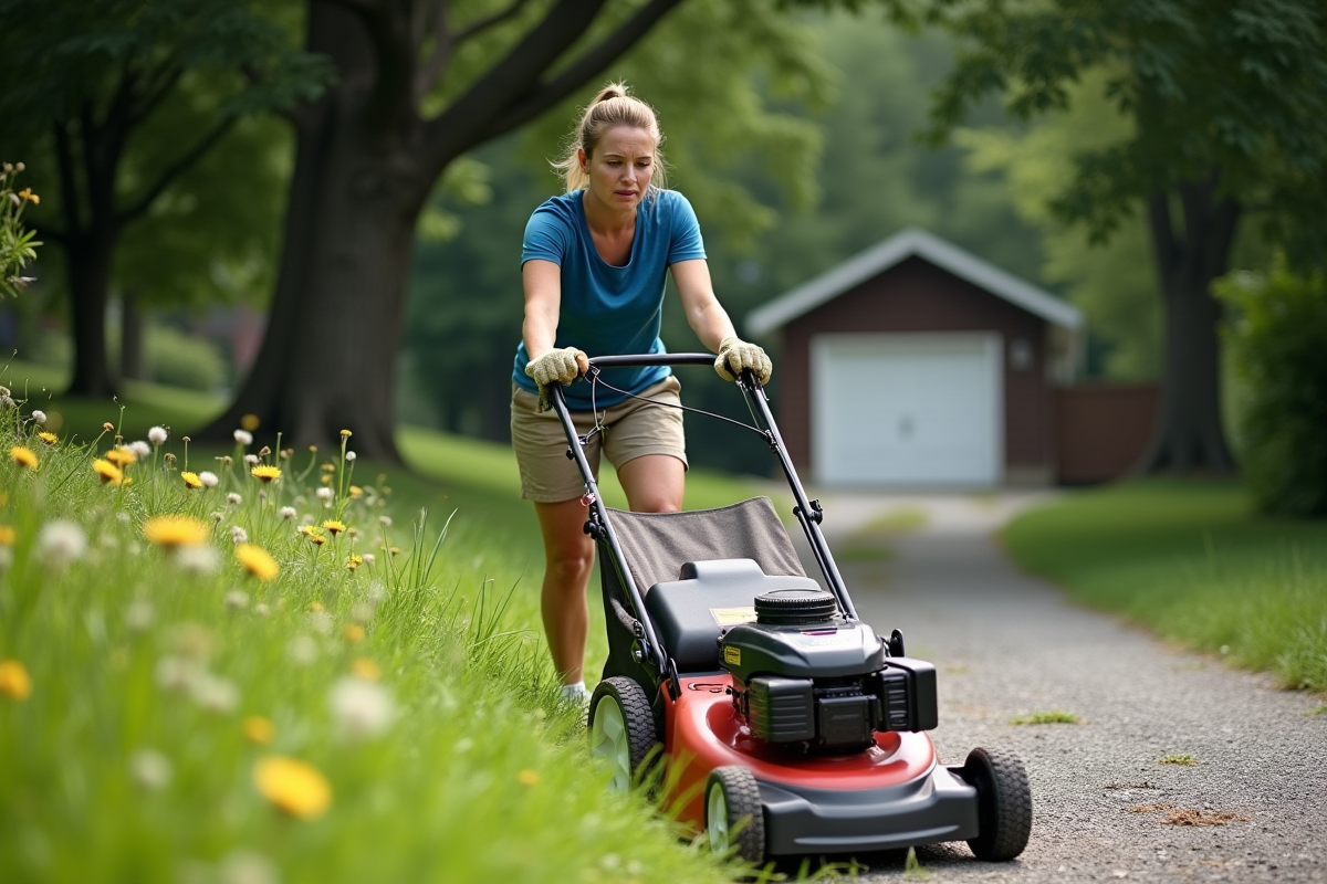 Femme pousse une tondeuse à gazon en montée dans le jardin