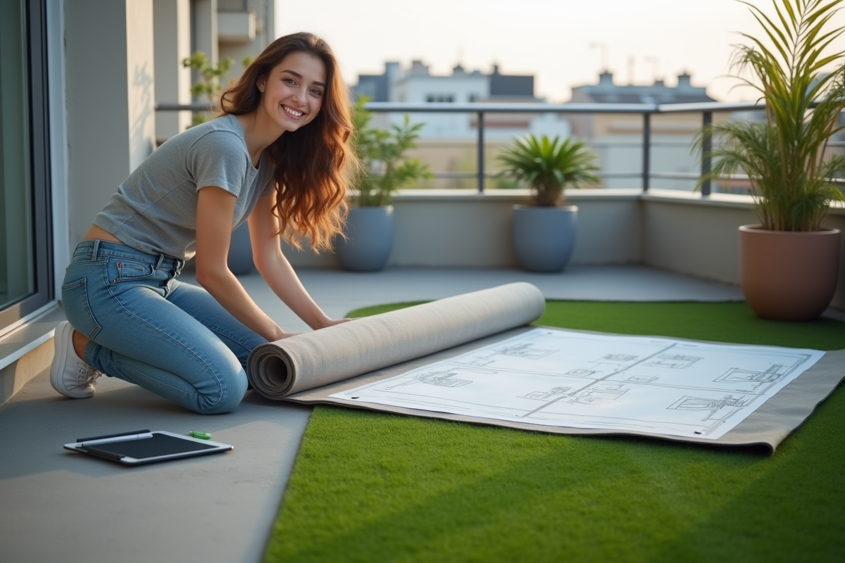 Jeune femme souriante posant avec du gazon synthétique sur un balcon urbain
