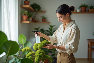 Femme vaporisant une plante verte en intérieur lumineux