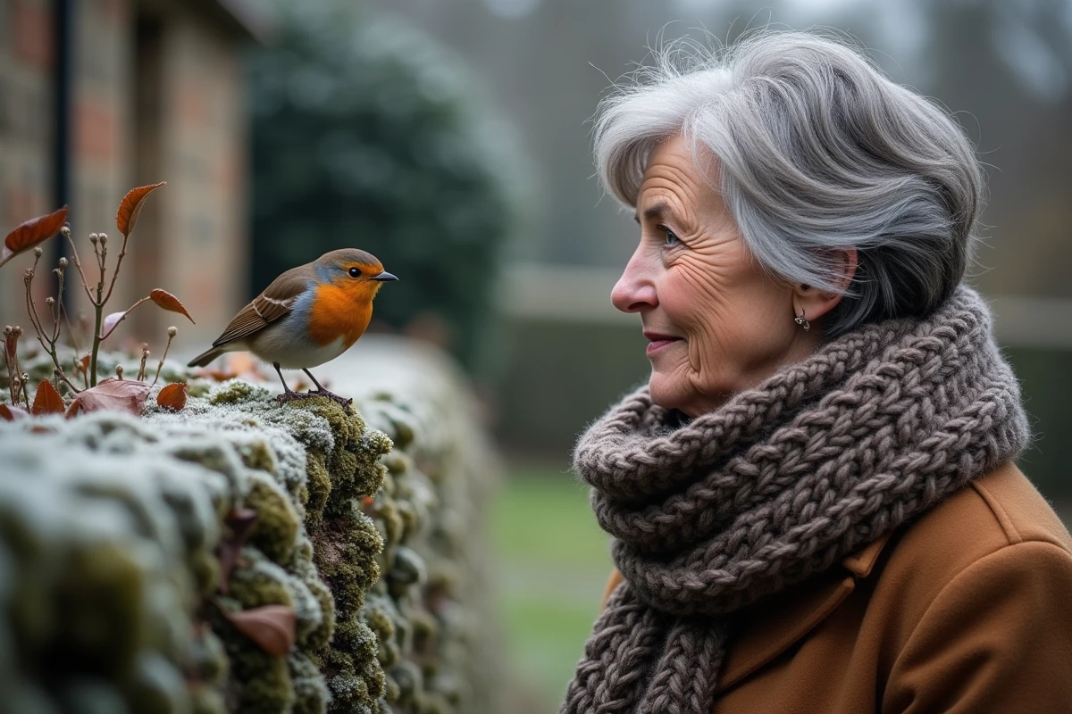 Femme regardant un rouge-gorge dans un jardin d