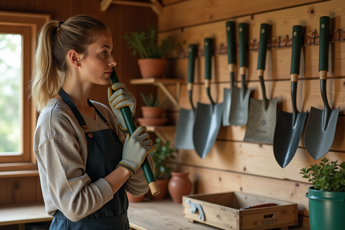 Femme examinant outils de jardin dans un cabanon