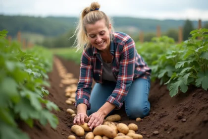 Femme récoltant des pommes de terre dans un champ