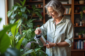 Femme arrosant des plantes d'intérieur dans un salon cosy