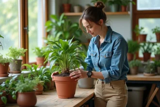 Femme plantant un geraldton wax dans un salon lumineux