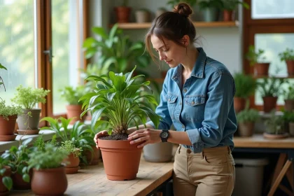 Femme plantant un geraldton wax dans un salon lumineux
