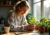 Bouture en février : quelle plante choisir pour réussir ? Femme en pull laine verte avec une plante verte sur la table