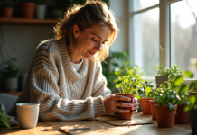 Bouture en février : quelle plante choisir pour réussir ? Femme en pull laine verte avec une plante verte sur la table
