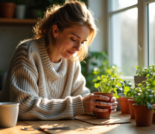 Femme en pull laine verte avec une plante verte sur la table