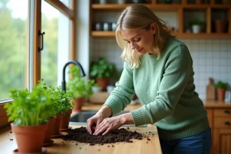 Femme plantant du persil dans une cuisine chaleureuse