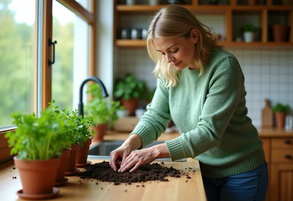 Femme plantant du persil dans une cuisine chaleureuse