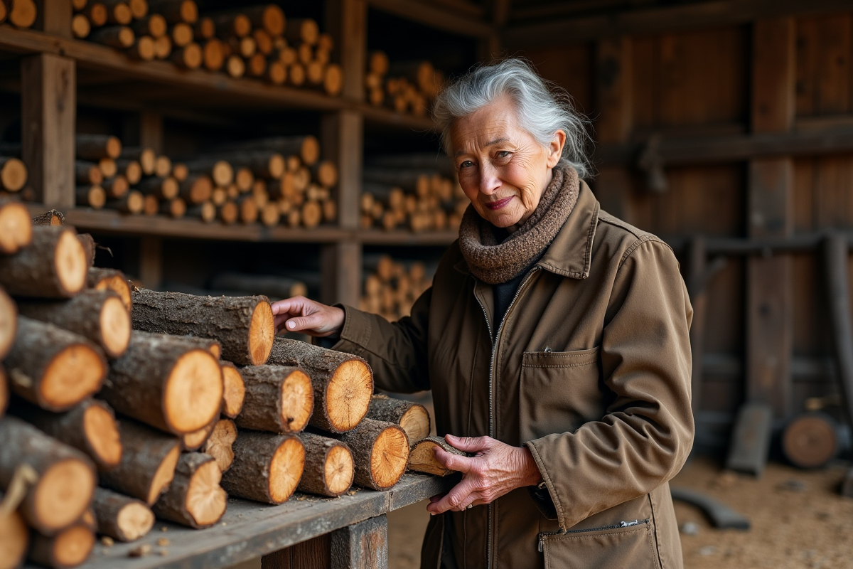 Femme âgée examinant des bûches dans un abri en bois rustique