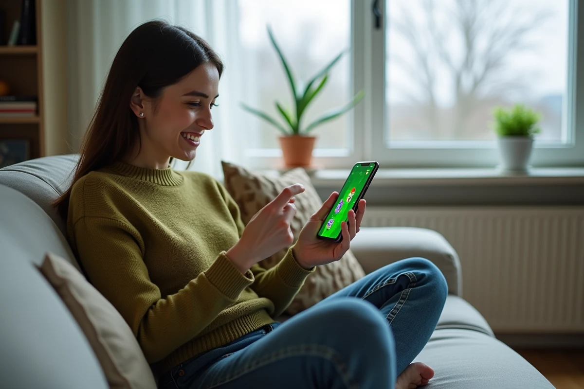 Jeune femme tentant de battre son record au jeu nain de jardin sur son smartphone dans un salon moderne